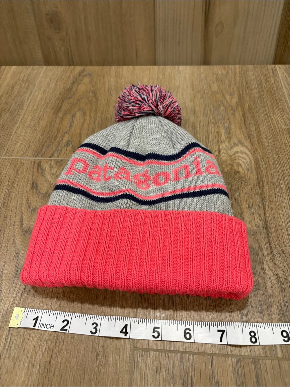 Patagonia Kids Coral Pink Gray Navy Pom-Pom Winter Beanie